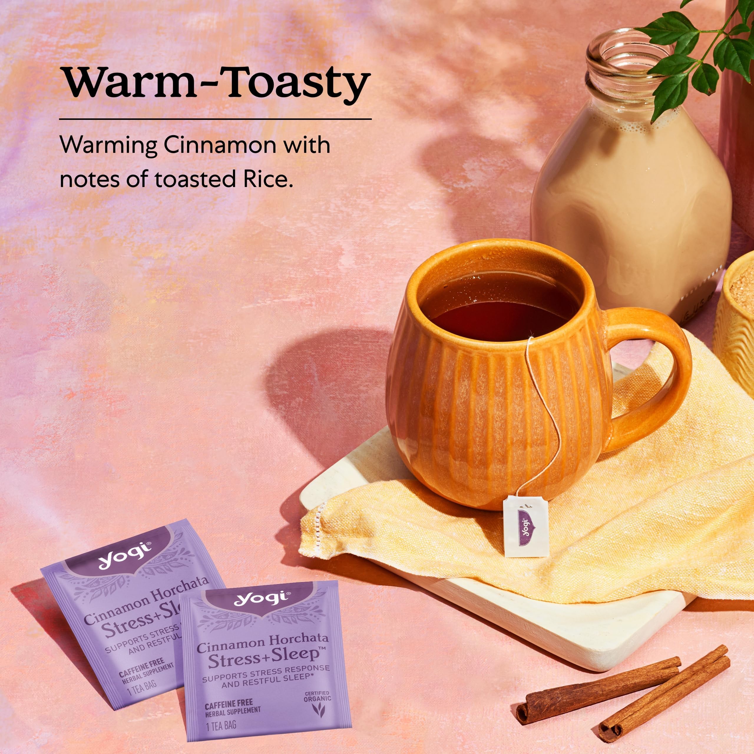 Yogi Cinnamon Horchata packaging label highlights organic ingredients
