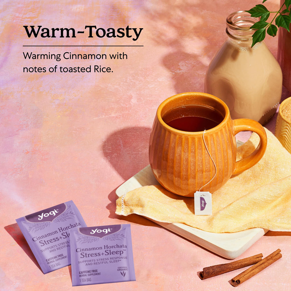 Yogi Cinnamon Horchata packaging label highlights organic ingredients