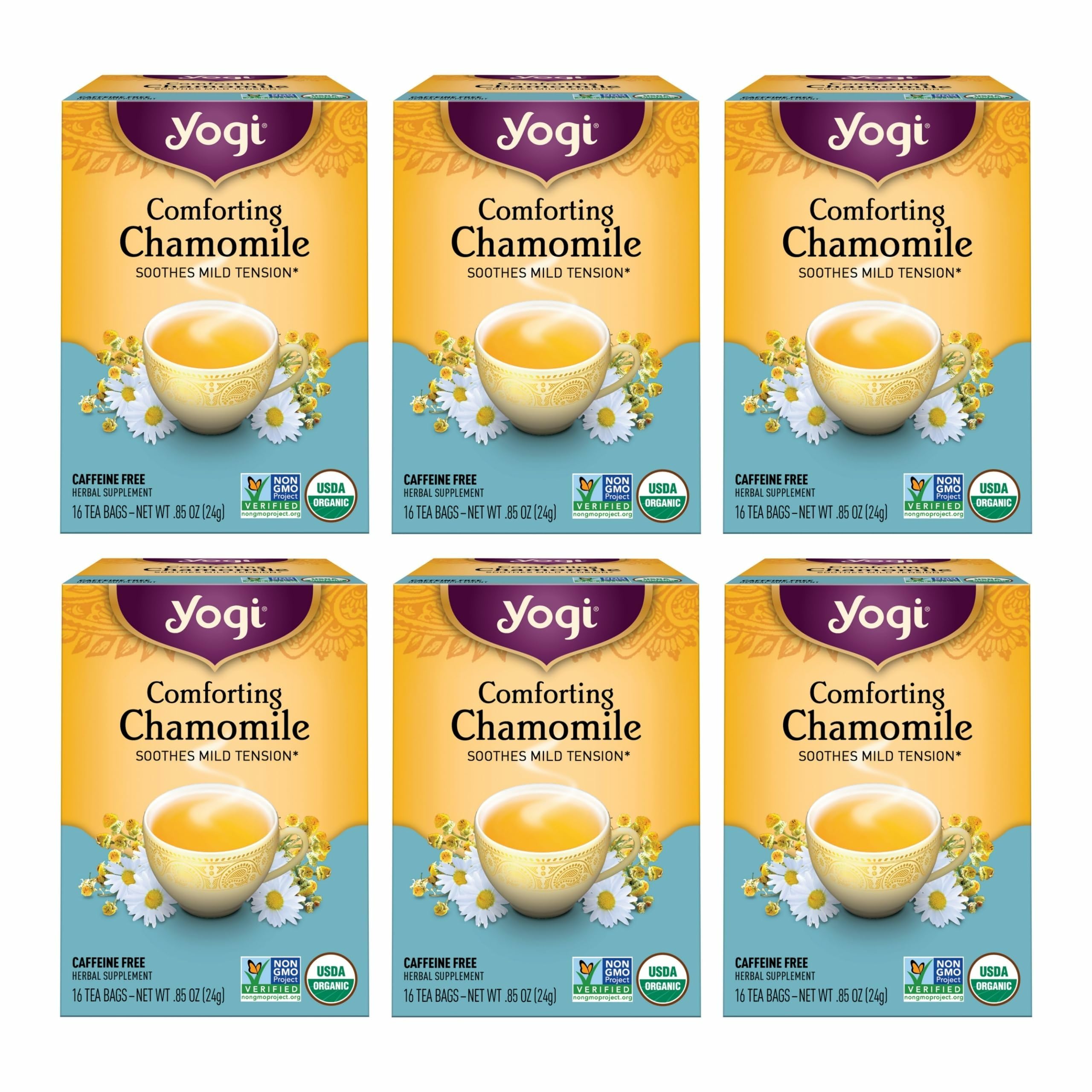 Yogi Comforting Chamomile Tea bags pack promotes a caffeine-free evening ritual for relaxation.