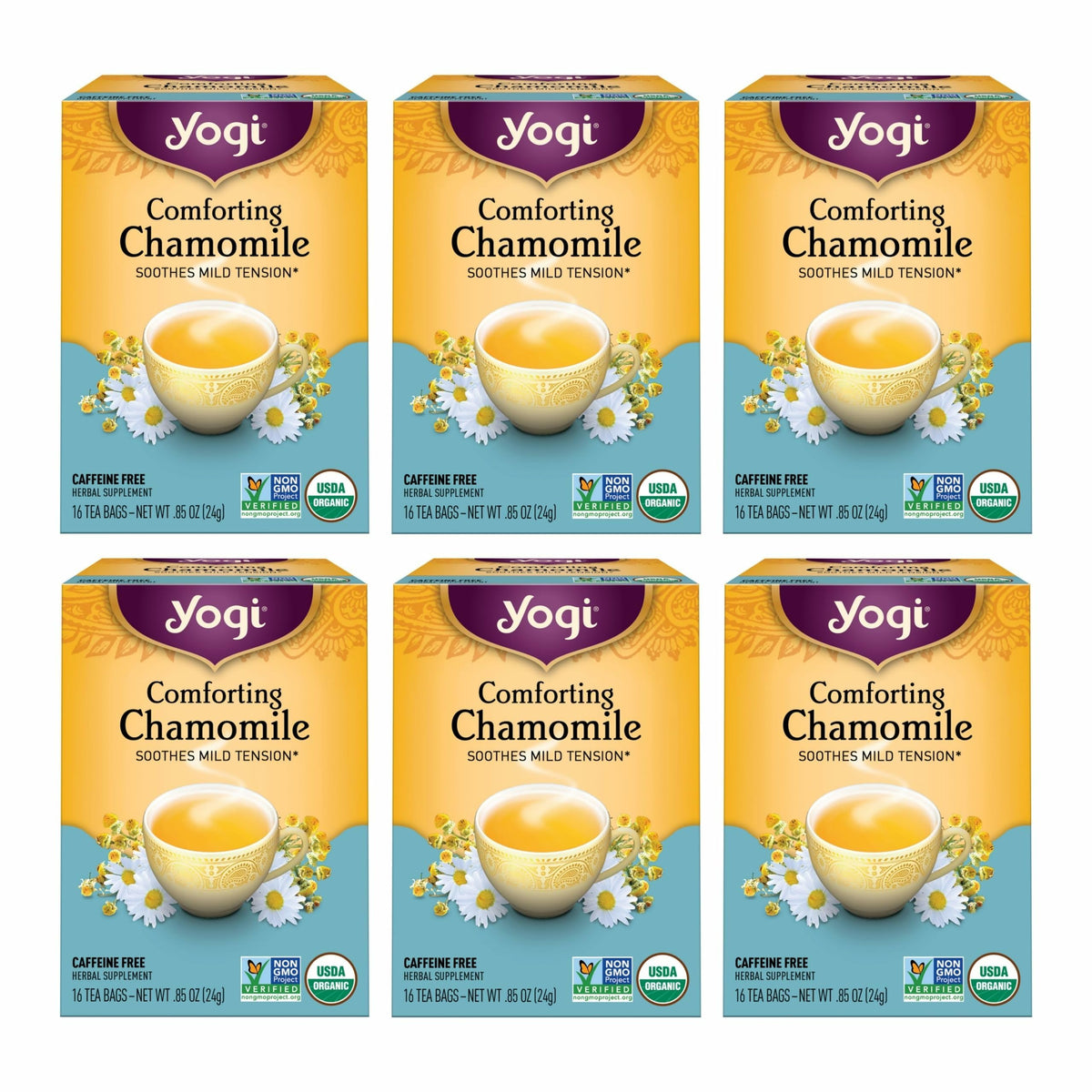 Yogi Comforting Chamomile Tea bags pack promotes a caffeine-free evening ritual for relaxation.