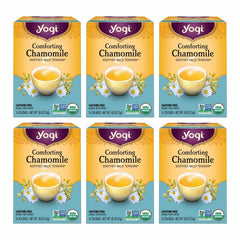 Yogi Comforting Chamomile Tea bags pack promotes a caffeine-free evening ritual for relaxation.