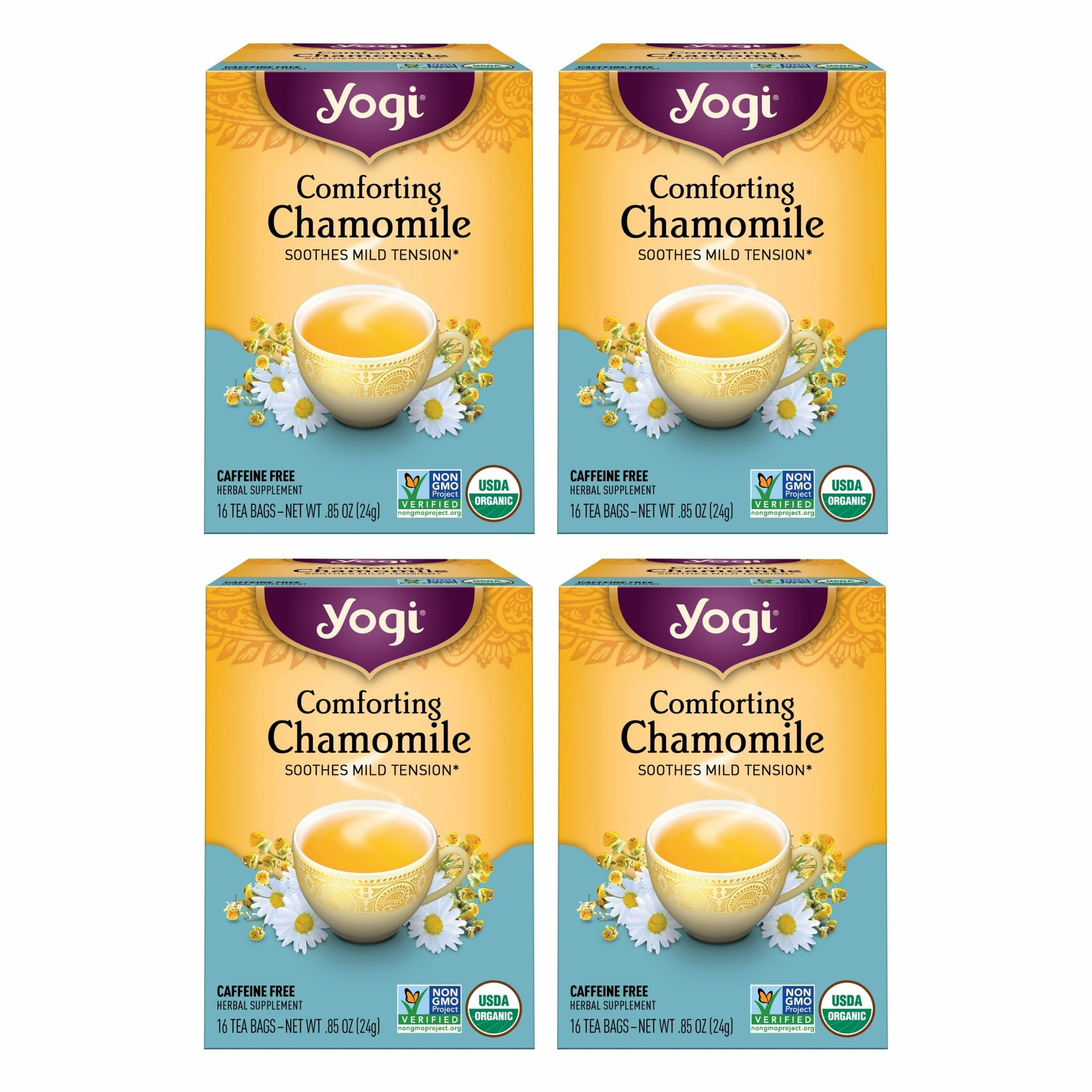 Yogi Comforting Chamomile tea bags ready to brew for caffeine-free relaxation.