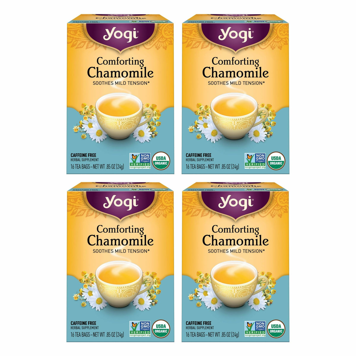 Yogi Comforting Chamomile tea bags ready to brew for caffeine-free relaxation.