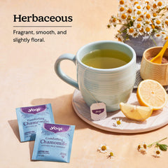 Yogi Comforting Chamomile tea cup with steam shows a caffeine-free option for late nights.