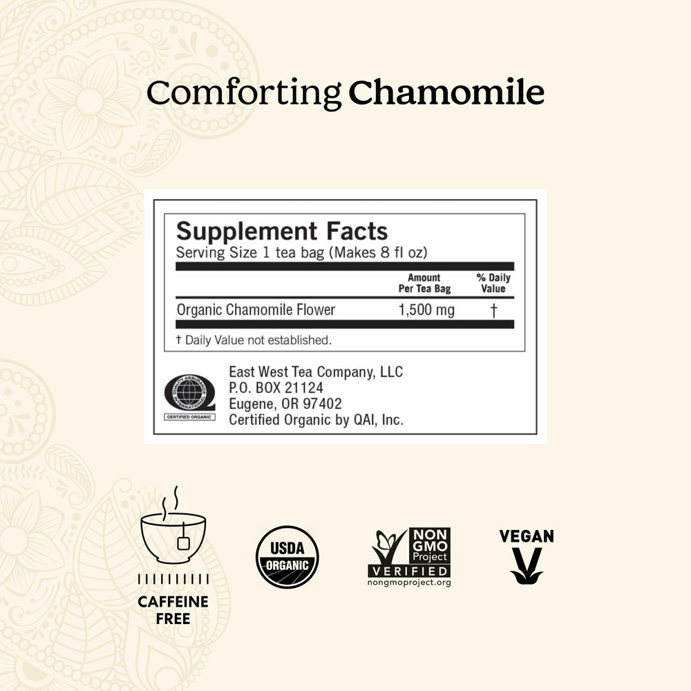 Yogi Comforting Chamomile tea packaging highlighting organic, vegan ingredients.