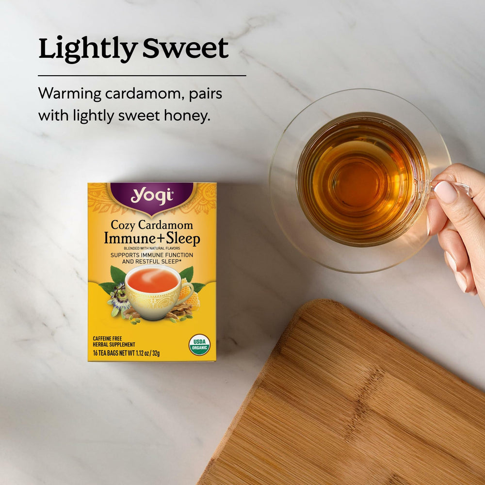 Yogi Cozy Cardamom Immune & Sleep tea bag closeup highlighting warm aroma.