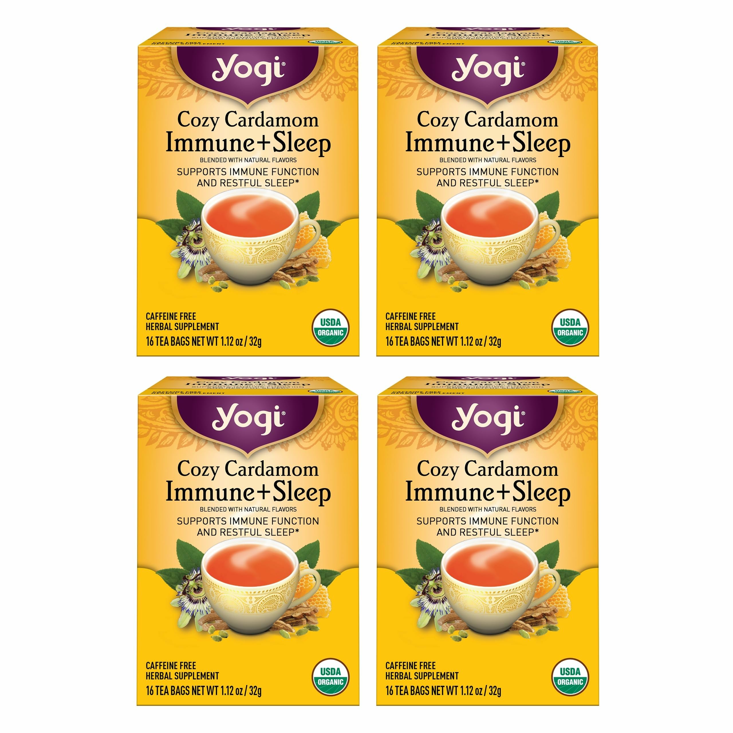 Yogi Cozy Cardamom Immune & Sleep tea bags ready to brew for a soothing evening.