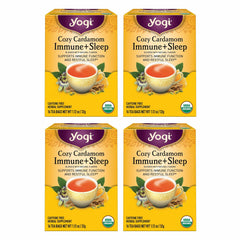 Yogi Cozy Cardamom Immune & Sleep tea bags ready to brew for a soothing evening.