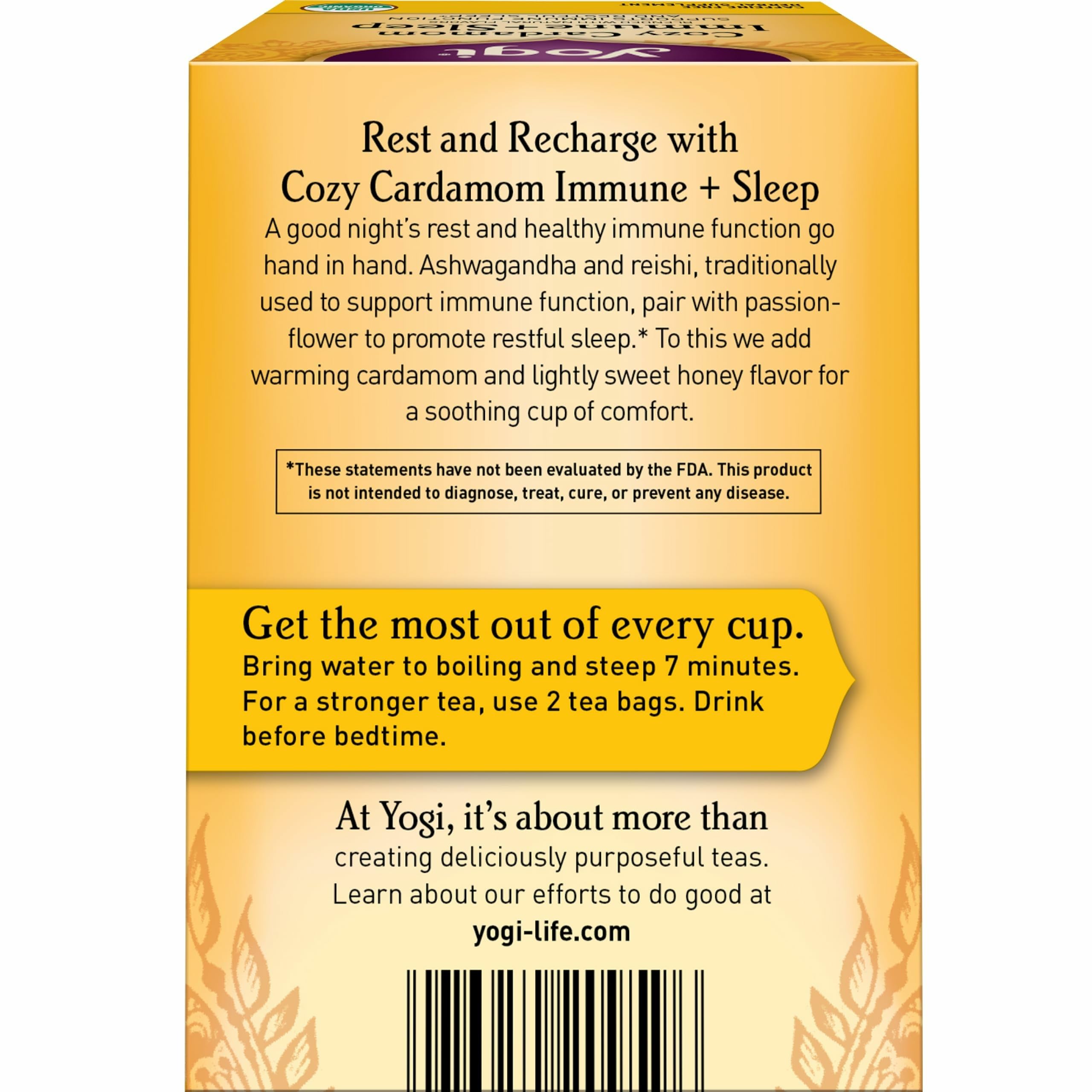 Yogi Cozy Cardamom Immune & Sleep cup with steam evokes rest.
