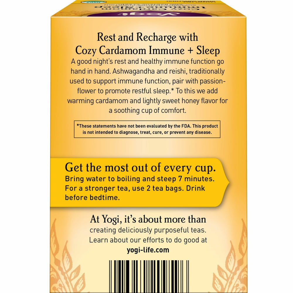 Yogi Cozy Cardamom Immune & Sleep cup with steam evokes rest.