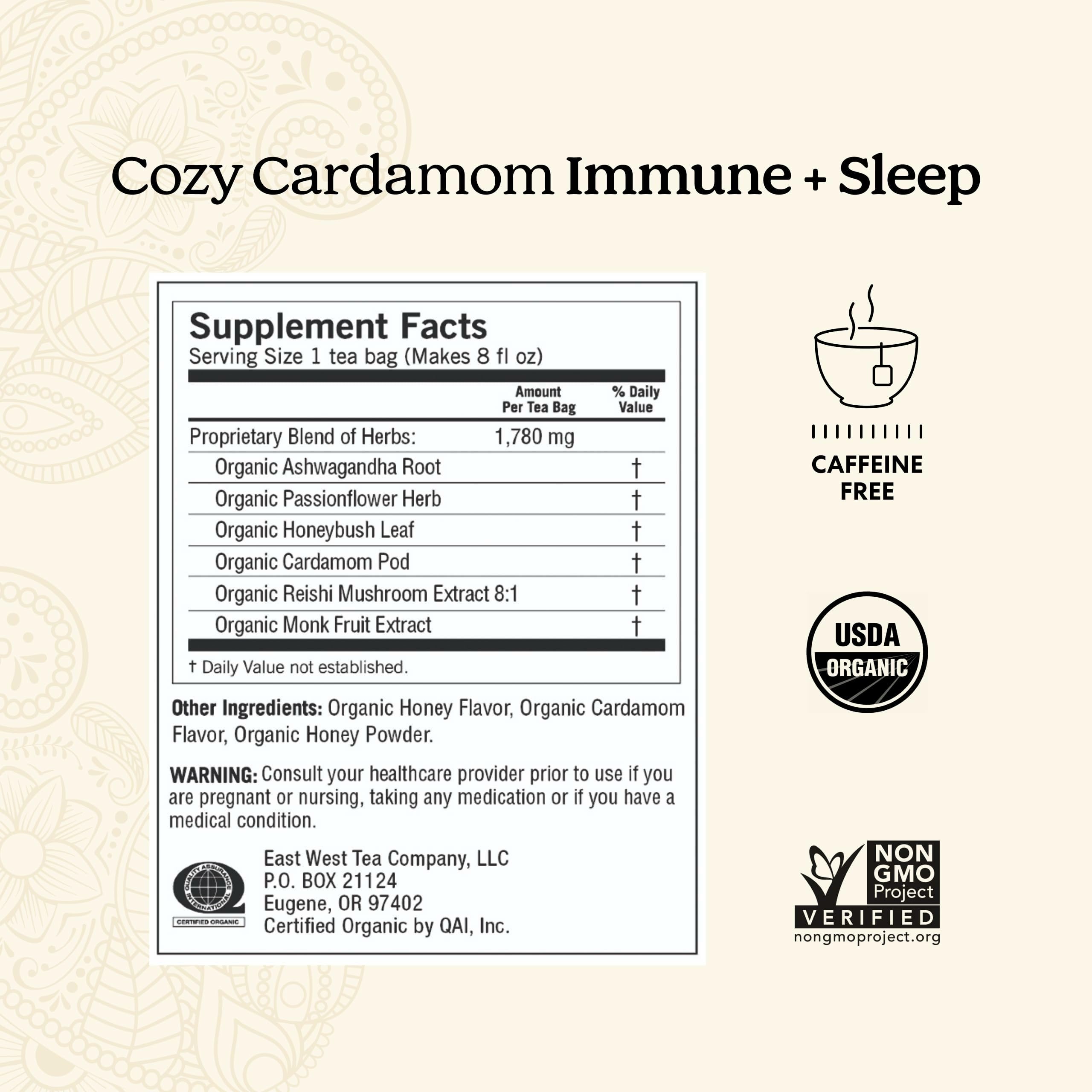 Yogi Cozy Cardamom Immune & Sleep package shows organic, caffeine-free wellness.