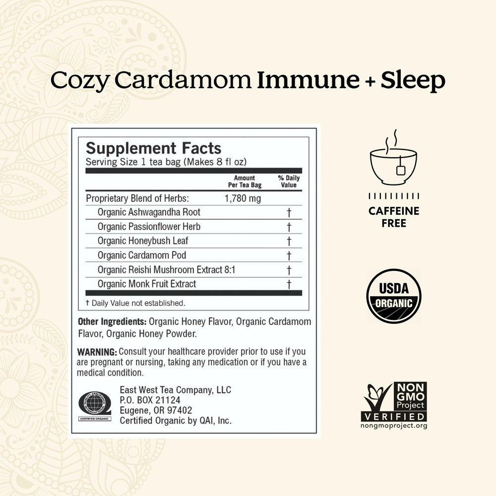 Yogi Cozy Cardamom Immune & Sleep package shows organic, caffeine-free wellness.