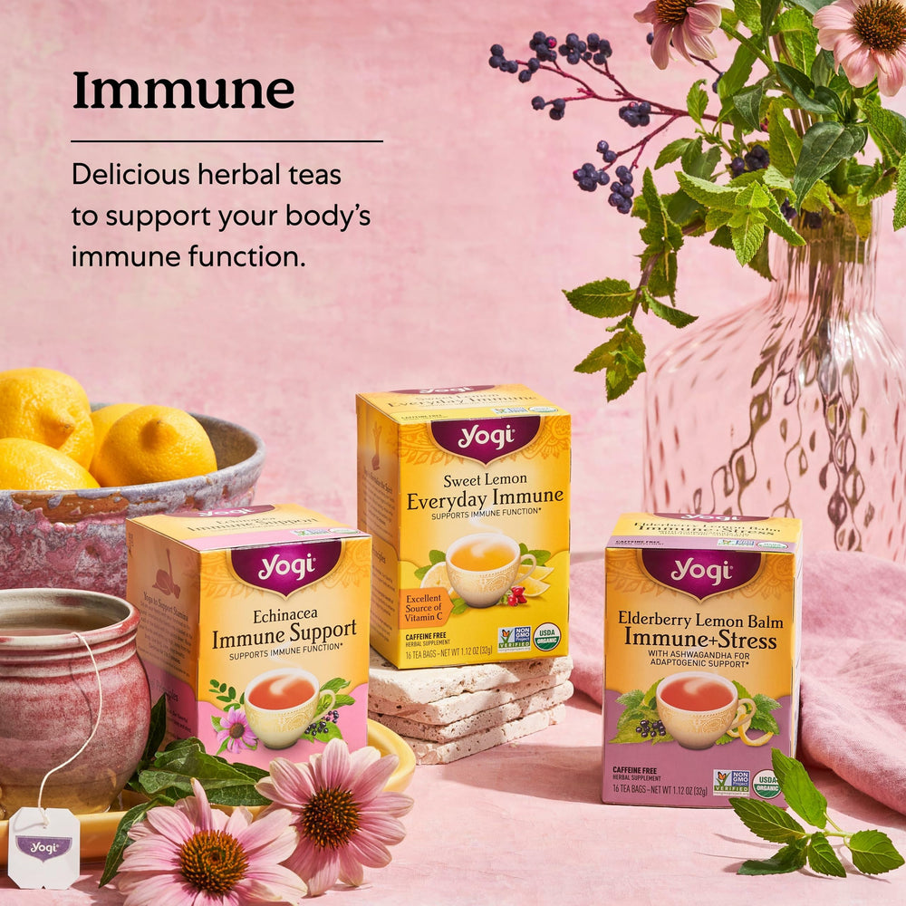 Yogi Cozy Cardamom Immune & Sleep packaging emphasizes four-pack value.