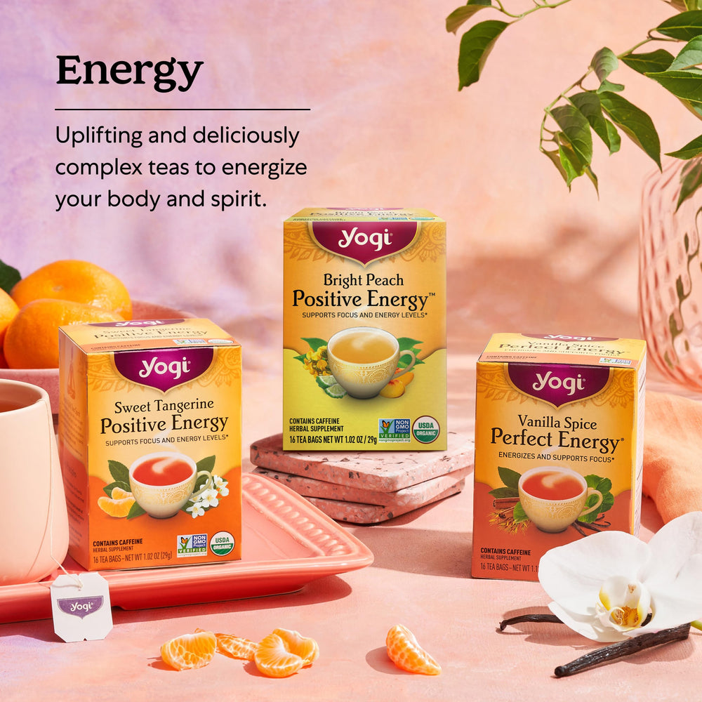 Yogi Cranberry Spiced Positive Energy close-up on ginger, cranberry, hibiscus flavors for a bright cup.