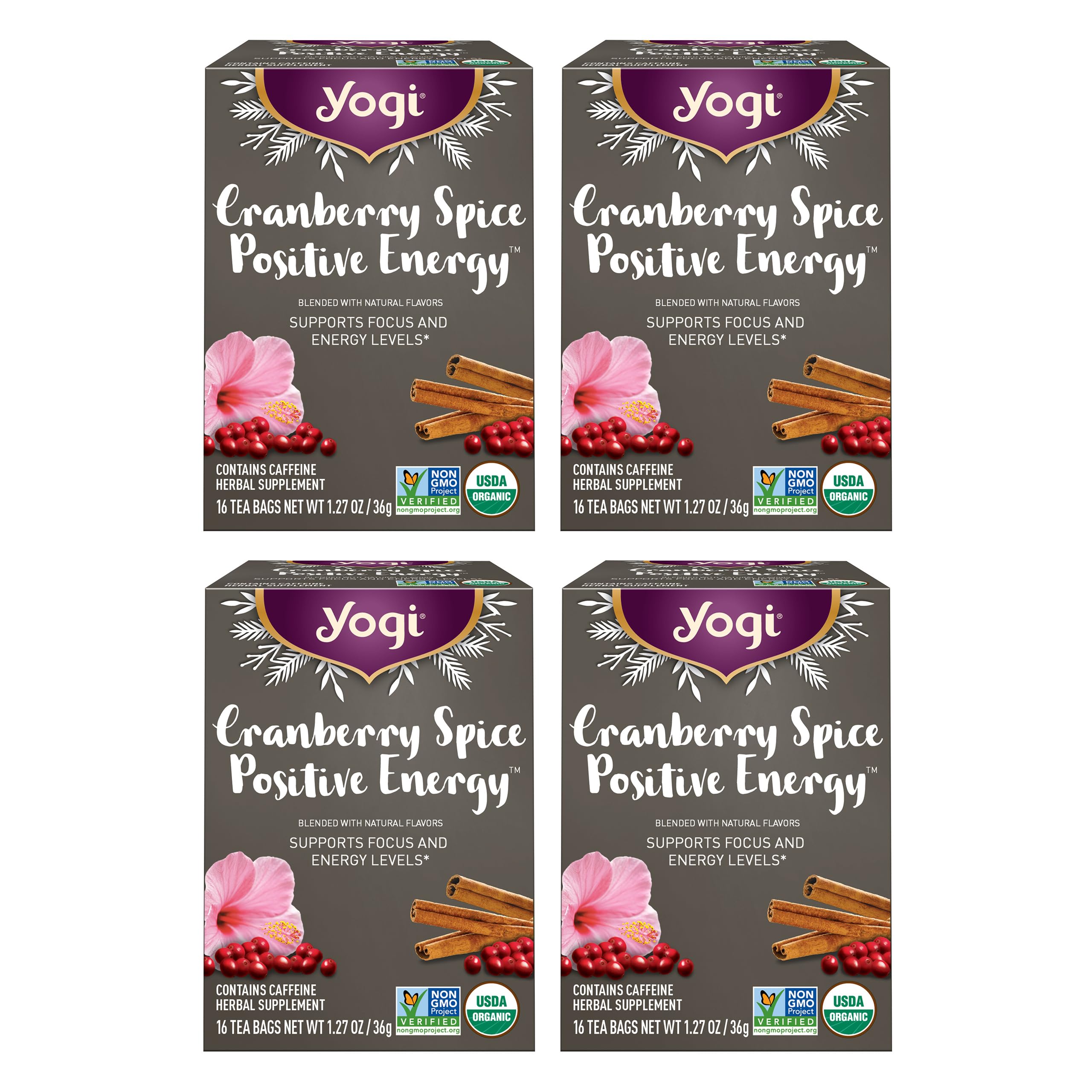 Yogi Cranberry Spiced Positive Energy packaging showcases organic ingredients for a mindful boost.