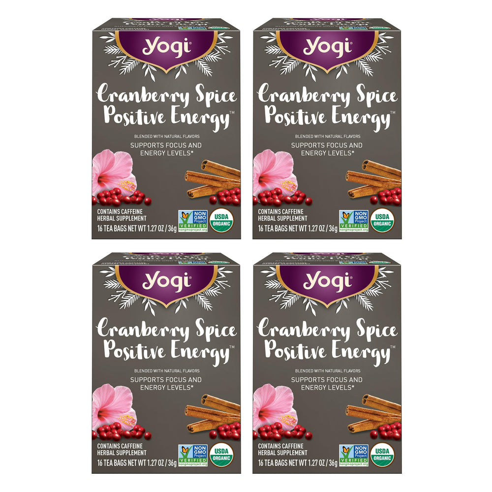 Yogi Cranberry Spiced Positive Energy packaging showcases organic ingredients for a mindful boost.
