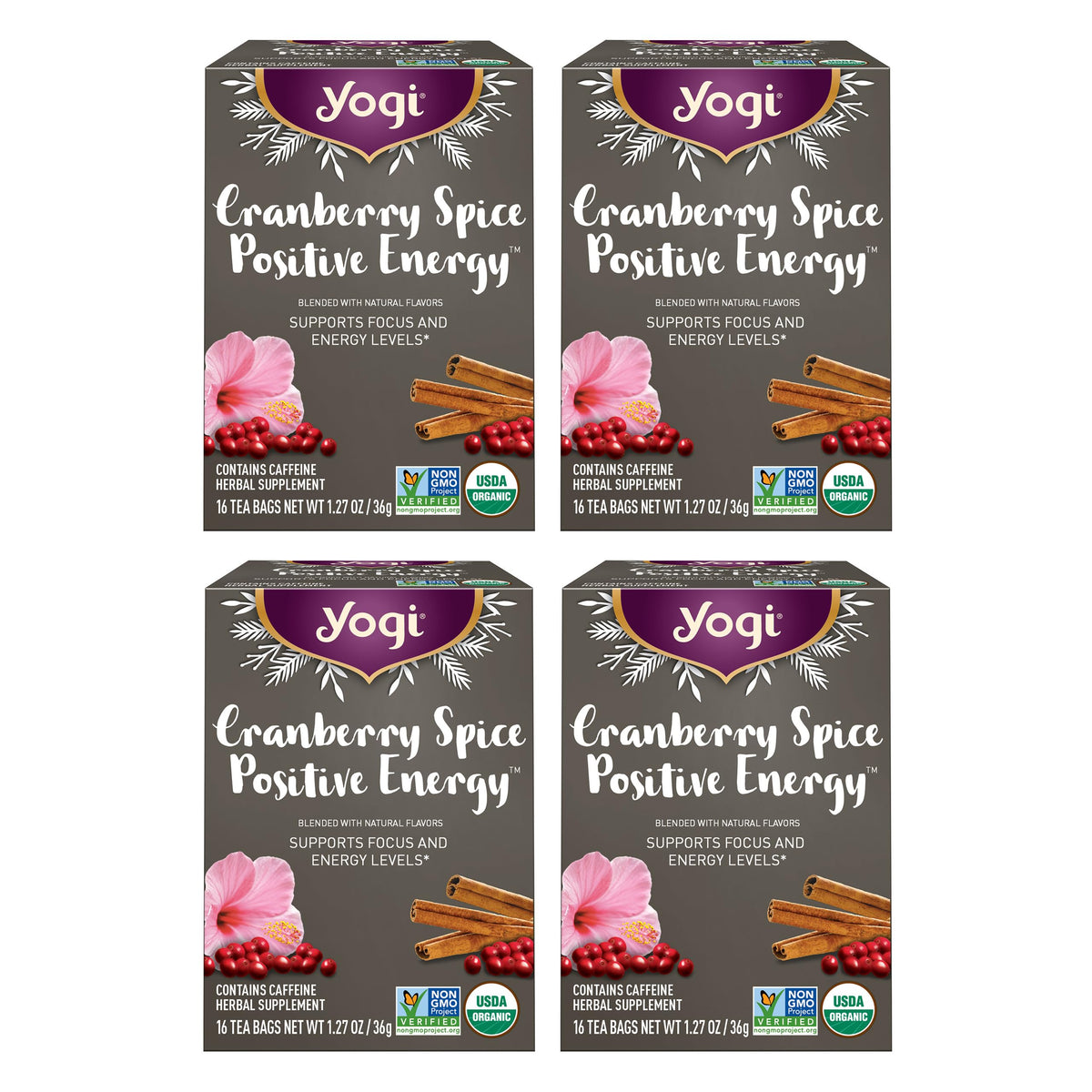 Yogi Cranberry Spiced Positive Energy packaging showcases organic ingredients for a mindful boost.