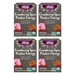 Yogi Cranberry Spiced Positive Energy packaging showcases organic ingredients for a mindful boost.
