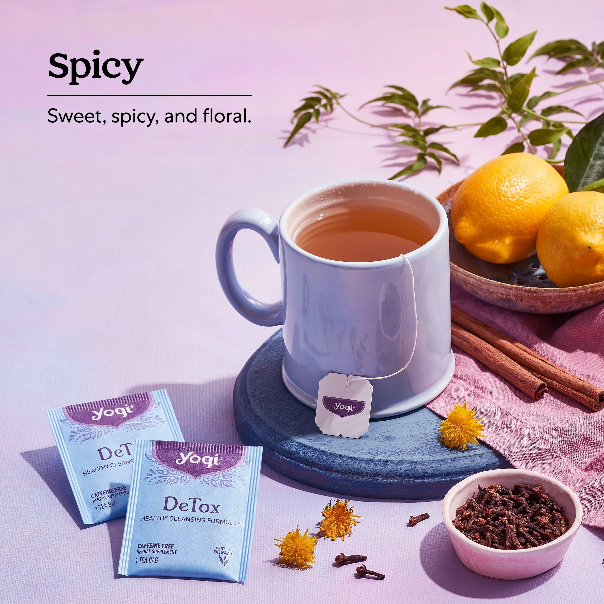 Burdock and dandelion blend in Yogi DeTox for digestive comfort notes.