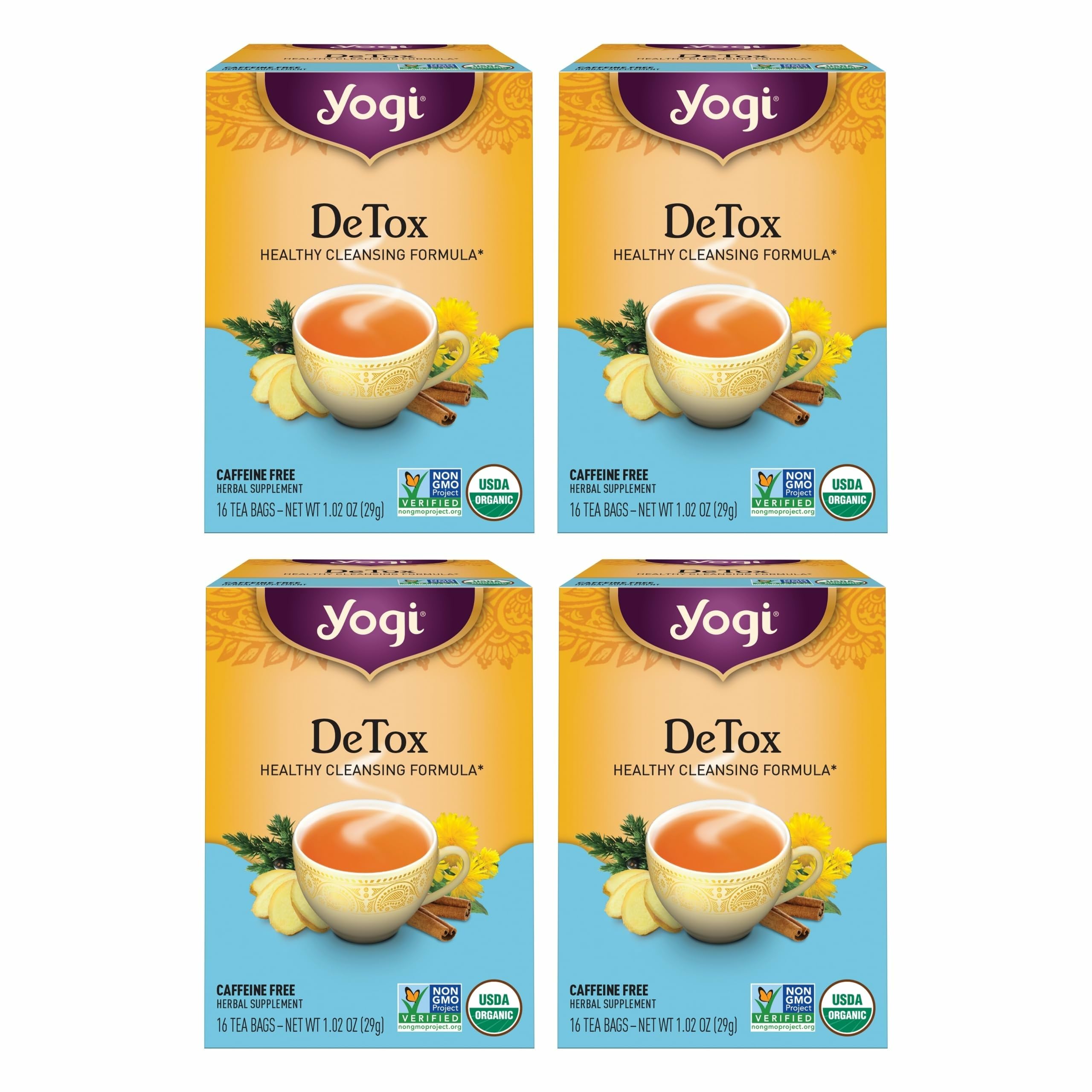 Yogi DeTox tea packaging showcases organic branding for a daily detox ritual.