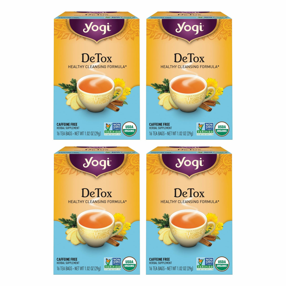 Yogi DeTox tea packaging showcases organic branding for a daily detox ritual.