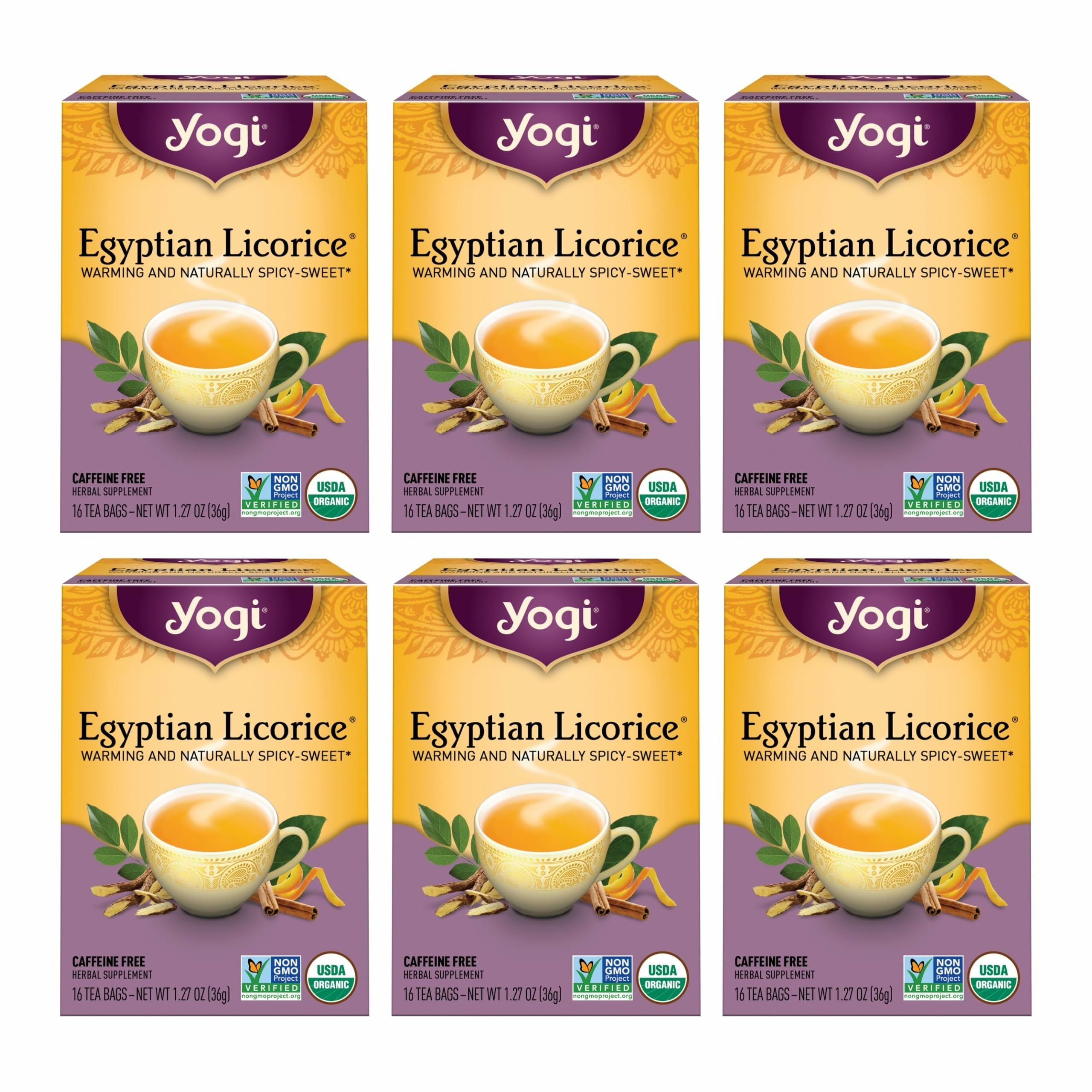 Yogi Egyptian Licorice Tea packaging with warm aroma for unwinding