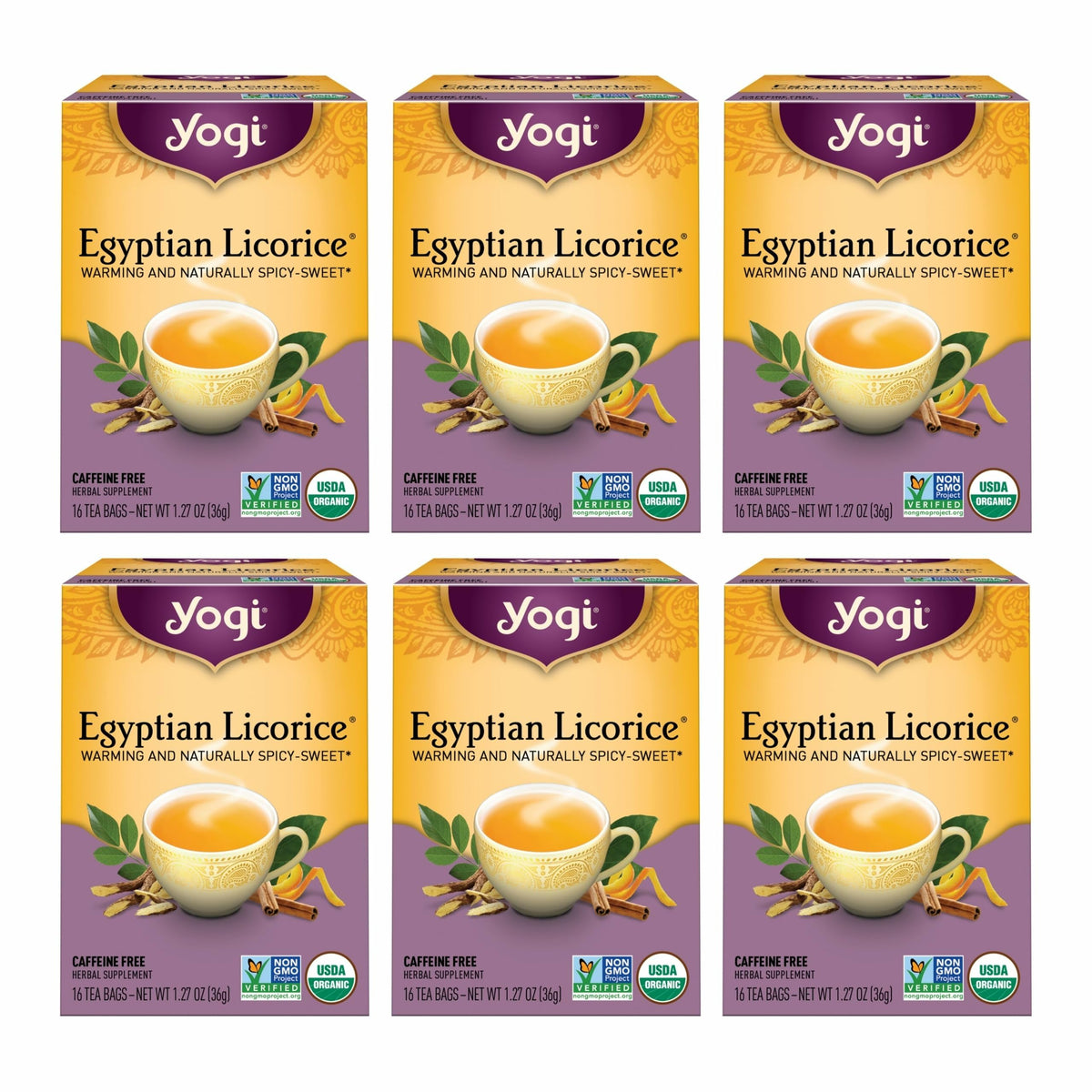 Yogi Egyptian Licorice Tea packaging with warm aroma for unwinding
