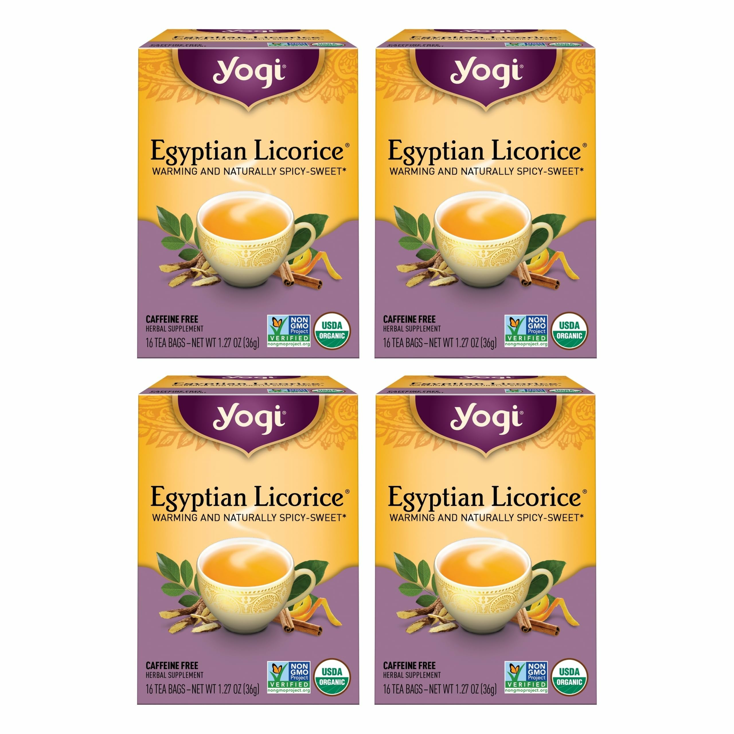Yogi Egyptian Licorice Tea bags in pack, caffeine-free and organic.