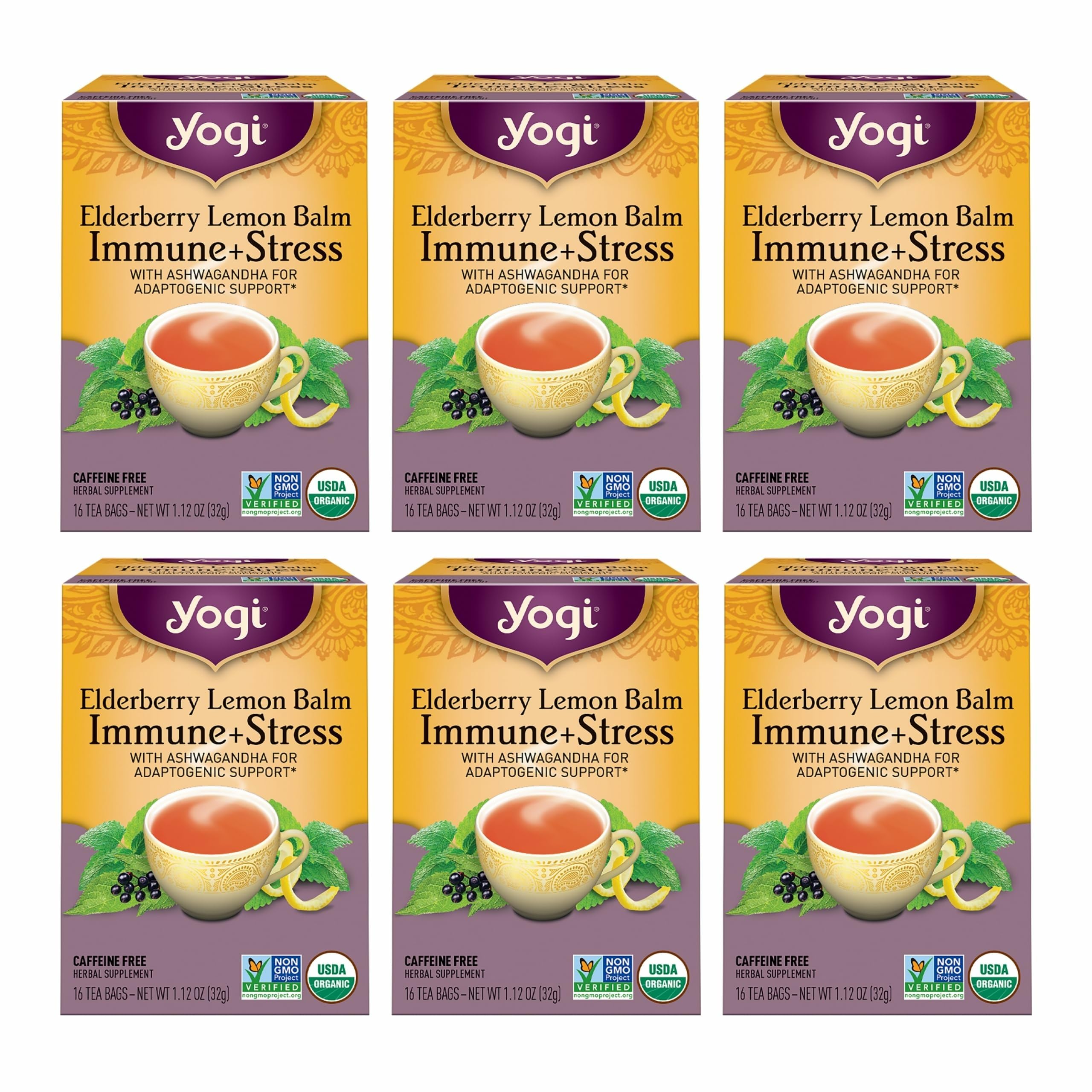 Yogi Elderberry Lemon Balm Tea pack showing organic blend for immune-supporting moments.