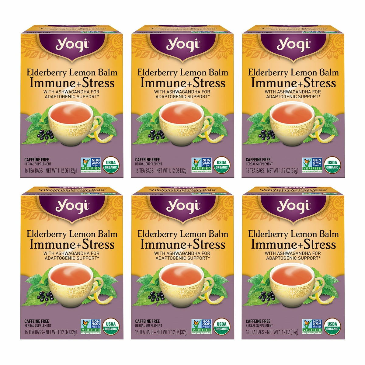 Yogi Elderberry Lemon Balm Tea pack showing organic blend for immune-supporting moments.