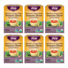 Yogi Elderberry Lemon Balm Tea pack showing organic blend for immune-supporting moments.
