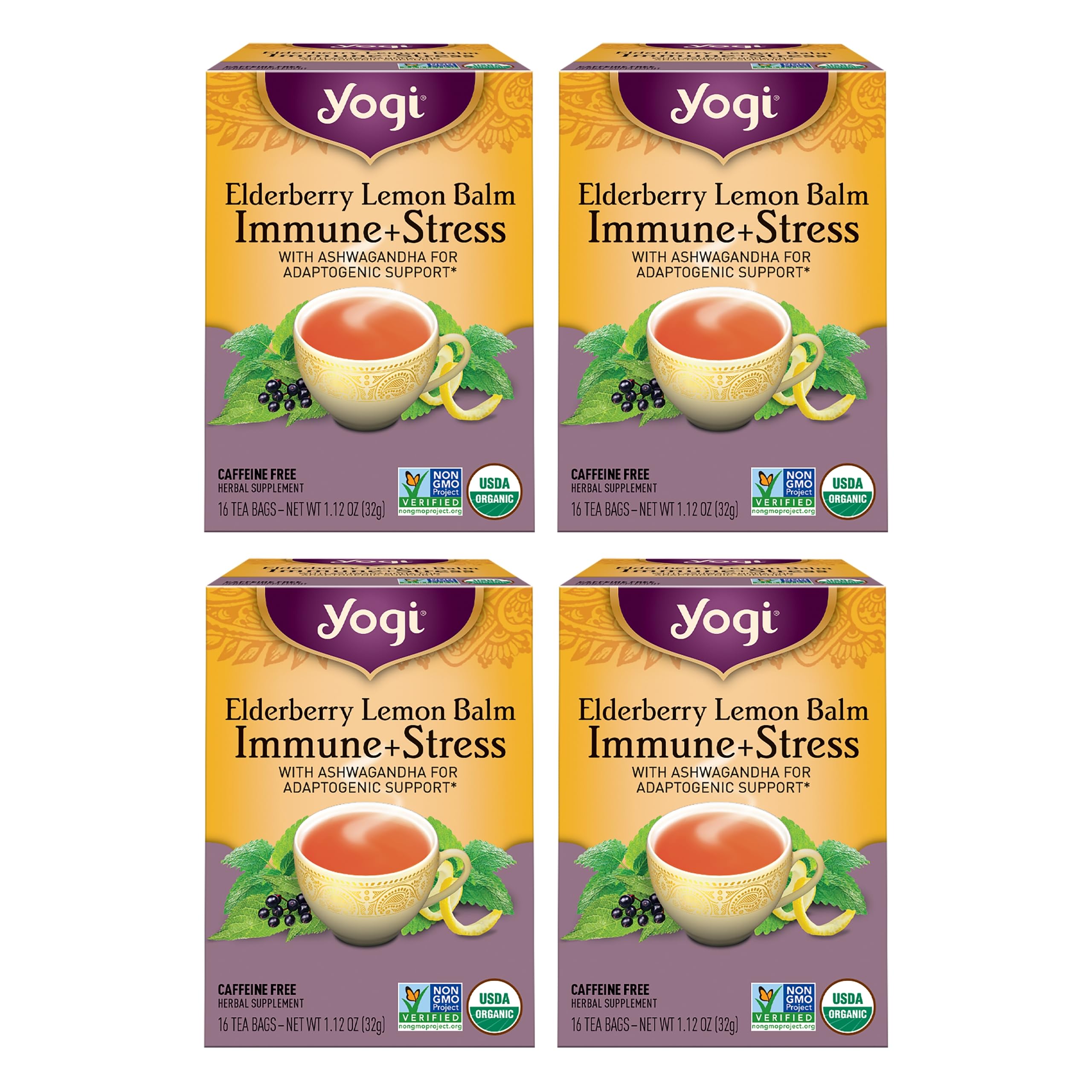 Yogi Elderberry Lemon Stress Tea box front with four-pack packaging for daily ritual