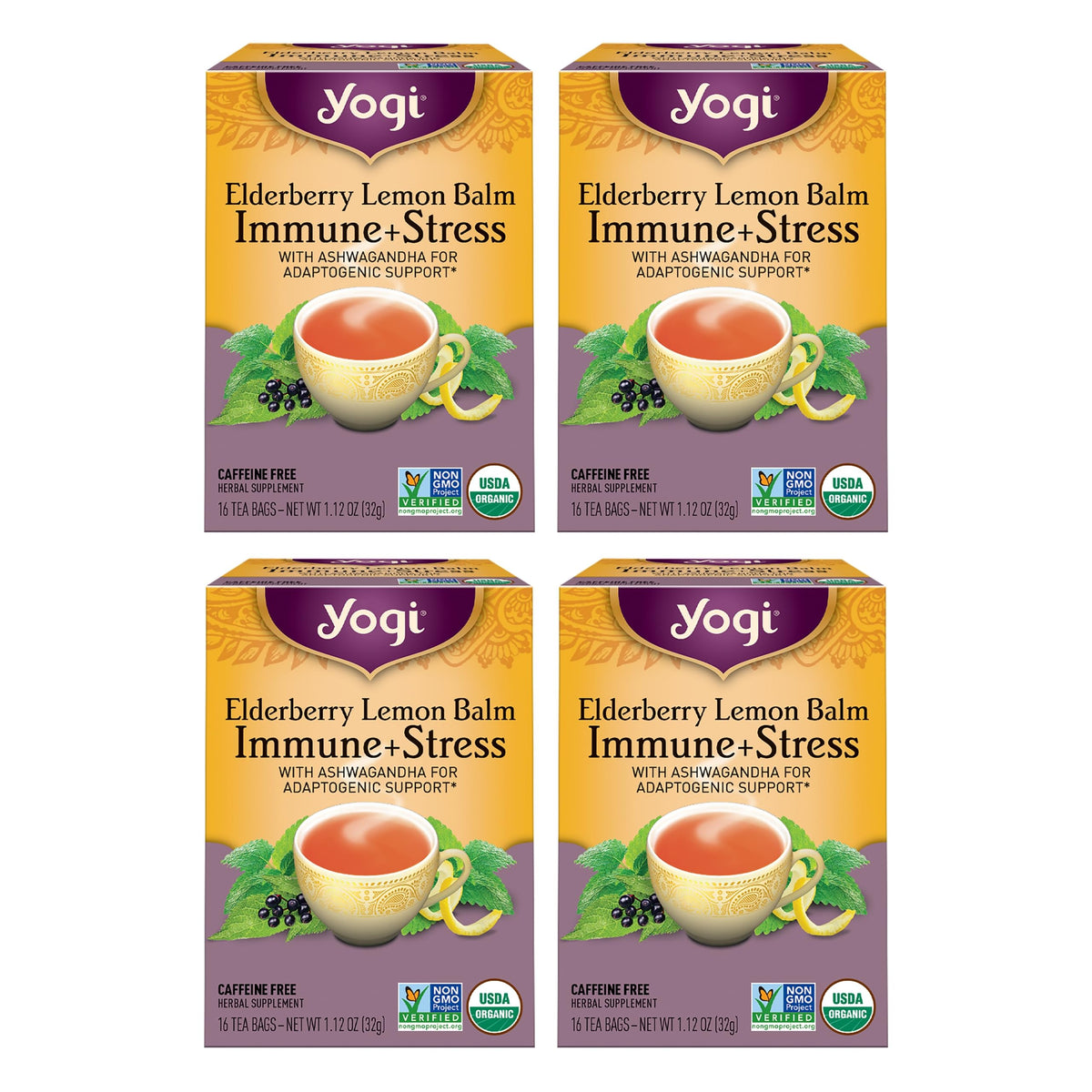 Yogi Elderberry Lemon Stress Tea box front with four-pack packaging for daily ritual