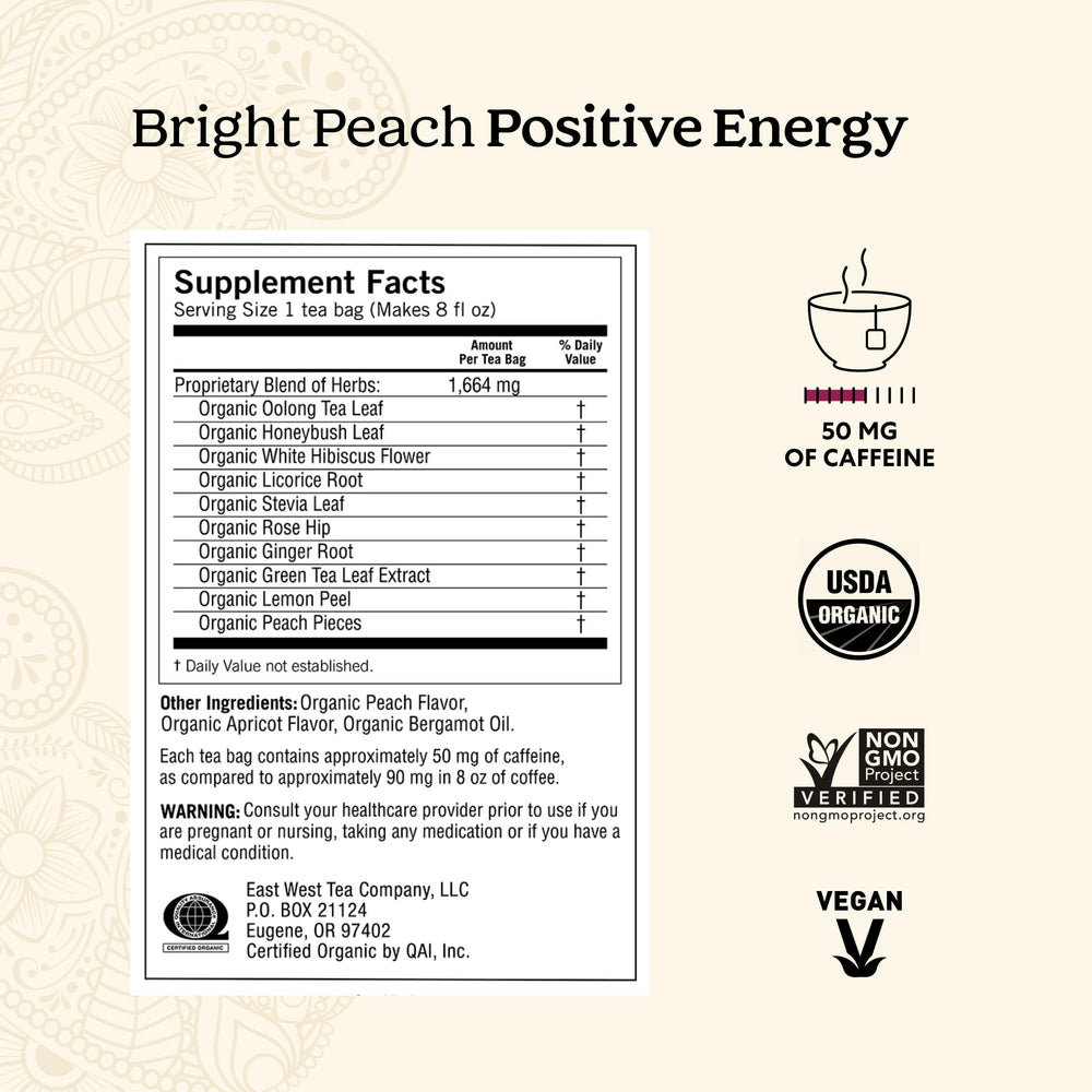 Yogi Energy Organic label highlights vegan, non-GMO ingredients.