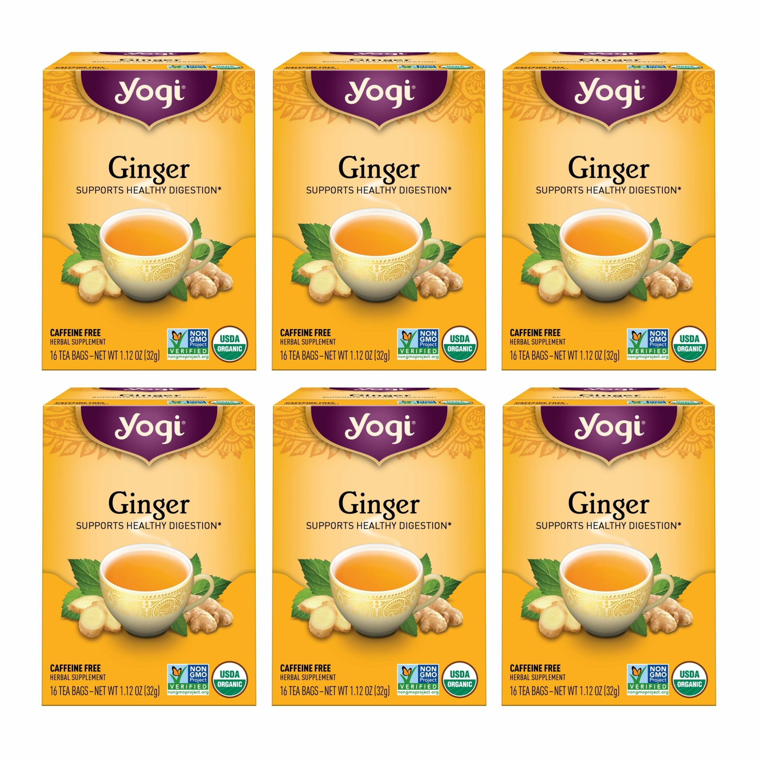 Yogi Ginger Tea bag in cup with warming aroma and digestion-friendly notes.