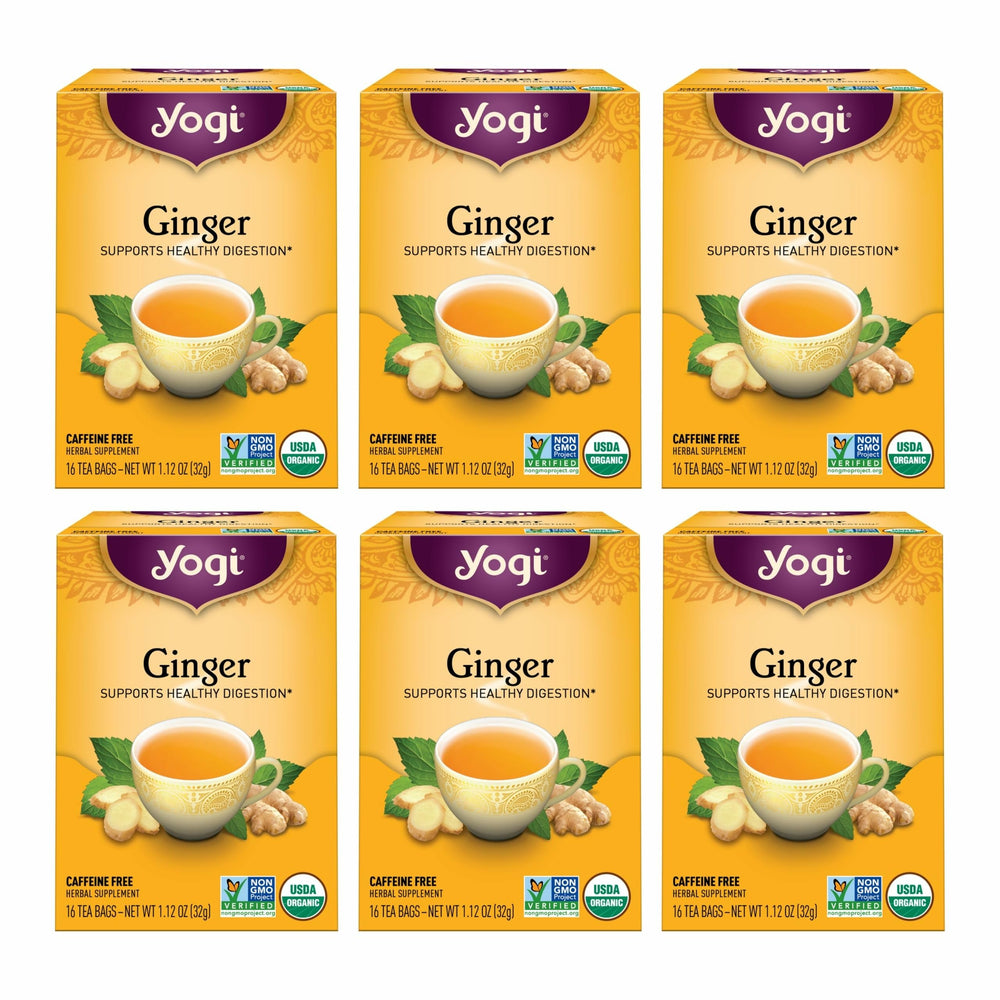 Yogi Ginger Tea bag in cup with warming aroma and digestion-friendly notes.