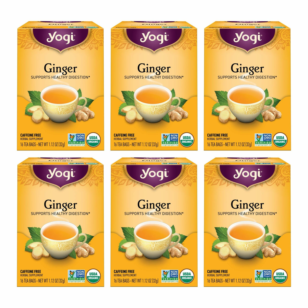 Yogi Ginger Tea bag in cup with warming aroma and digestion-friendly notes.