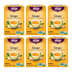 Yogi Ginger Tea bag in cup with warming aroma and digestion-friendly notes.