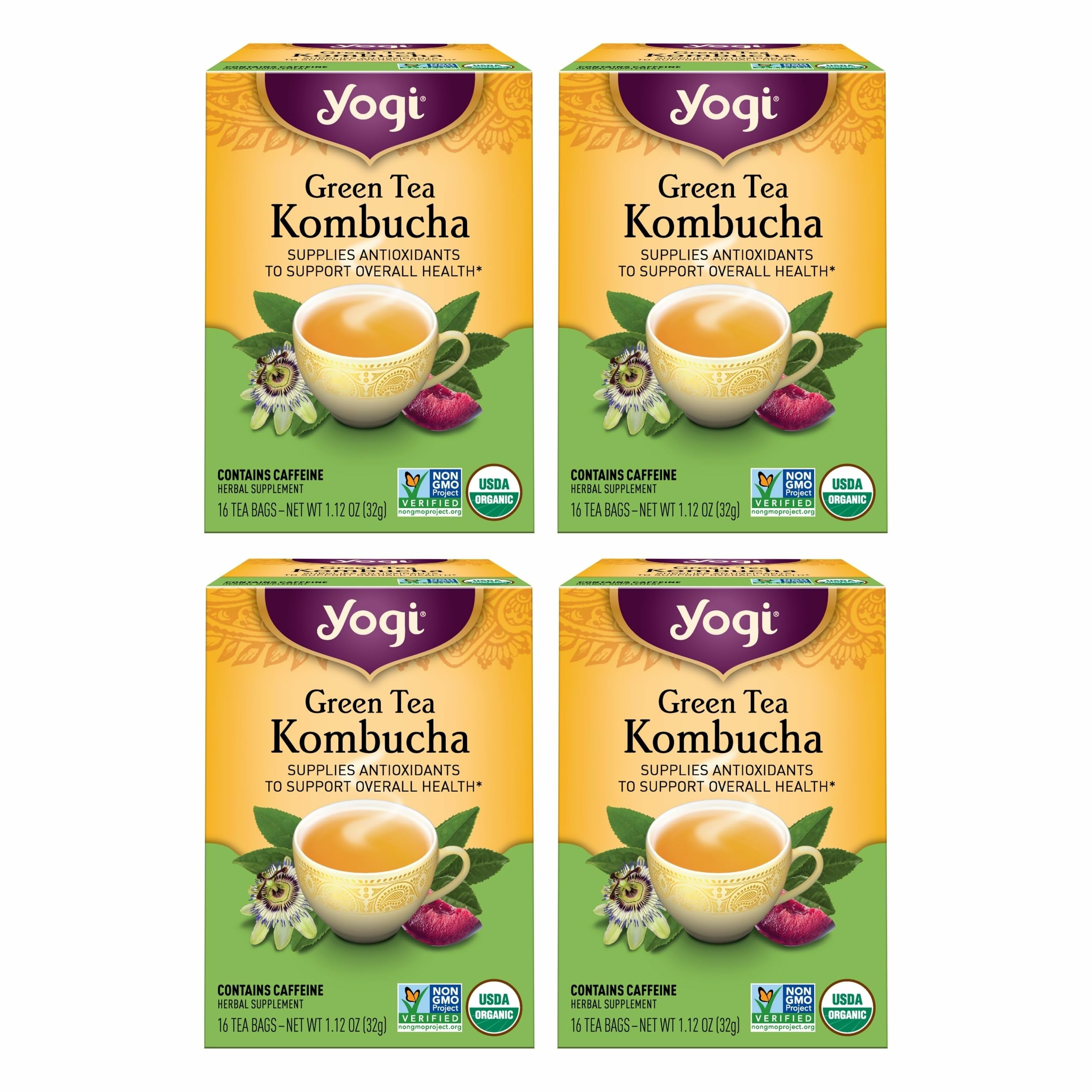 Yogi Green Tea Kombucha packaging highlights organic ingredients for daily wellness.