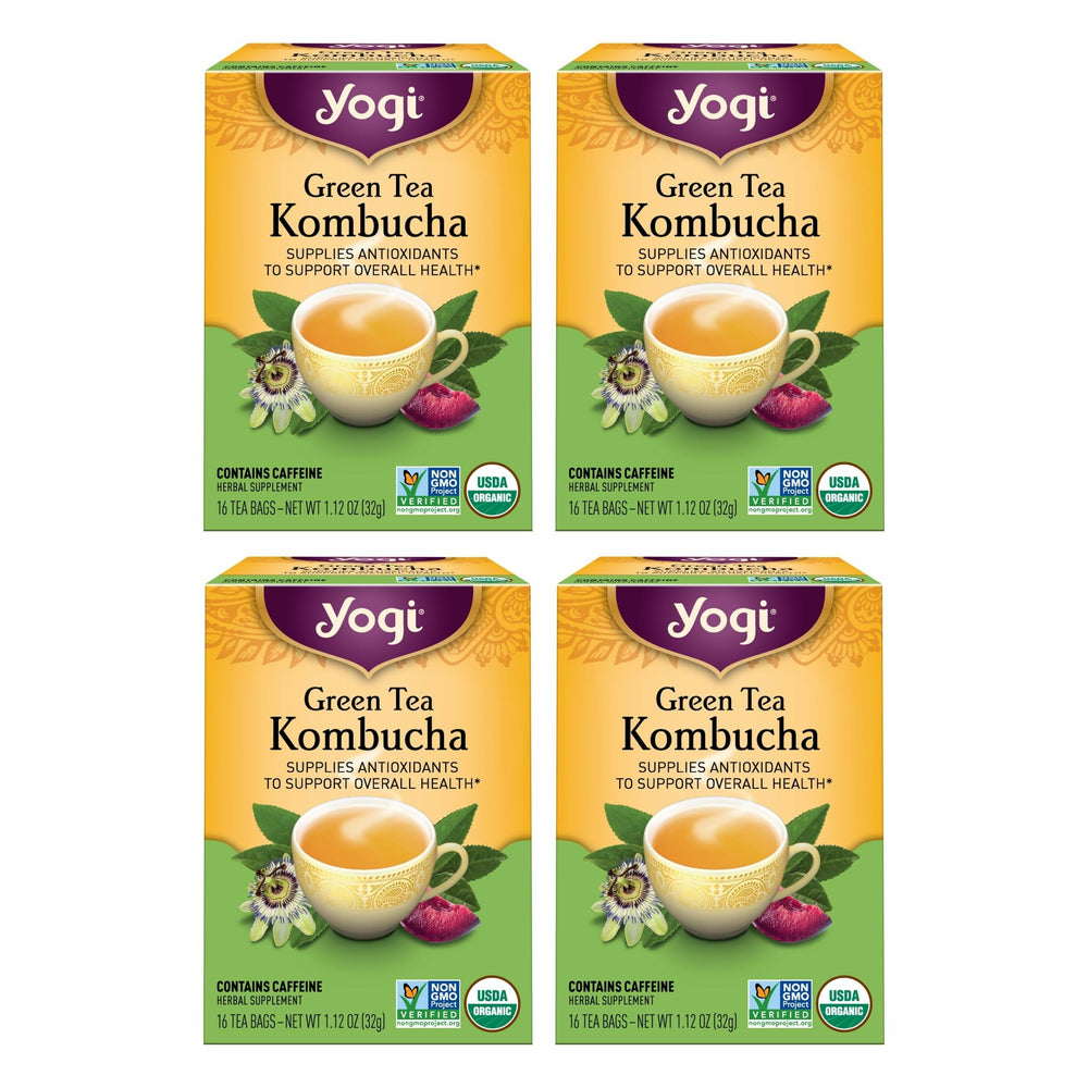 Yogi Green Tea Kombucha packaging highlights organic ingredients for daily wellness.