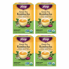 Yogi Green Tea Kombucha packaging highlights organic ingredients for daily wellness.