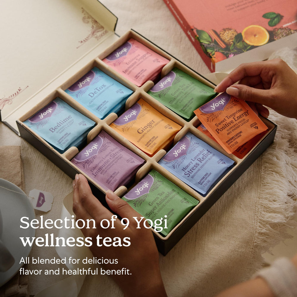 Honey Lavender tea bag by Yogi with floral notes.