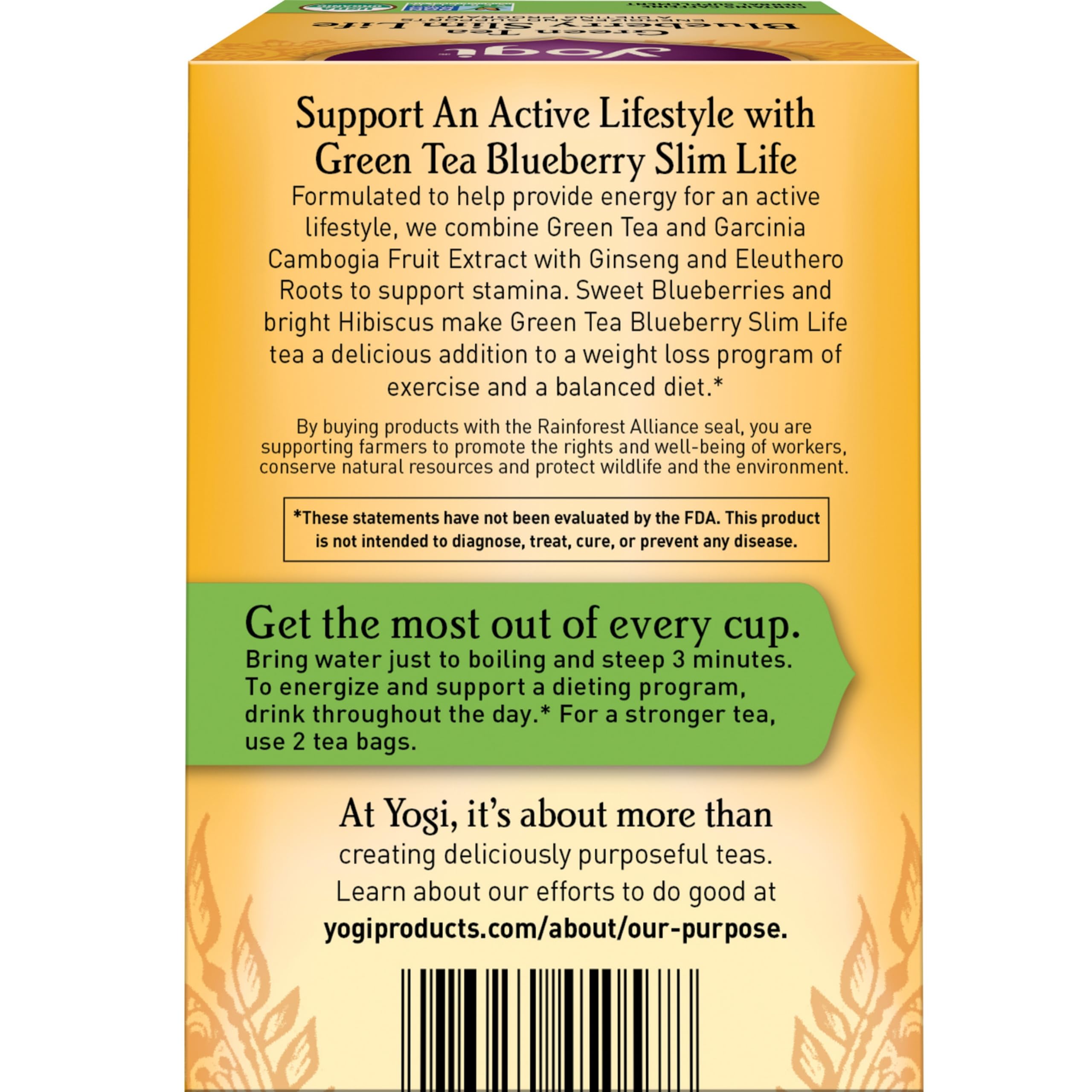 A brewed cup of Yogi Green Tea Blueberry Slim Life energizes with subtle blueberry aroma.