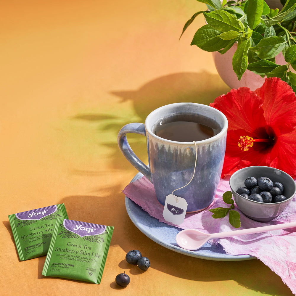 Yogi Green Tea Blueberry Slim Life ginseng-root adds stamina-inspired depth.