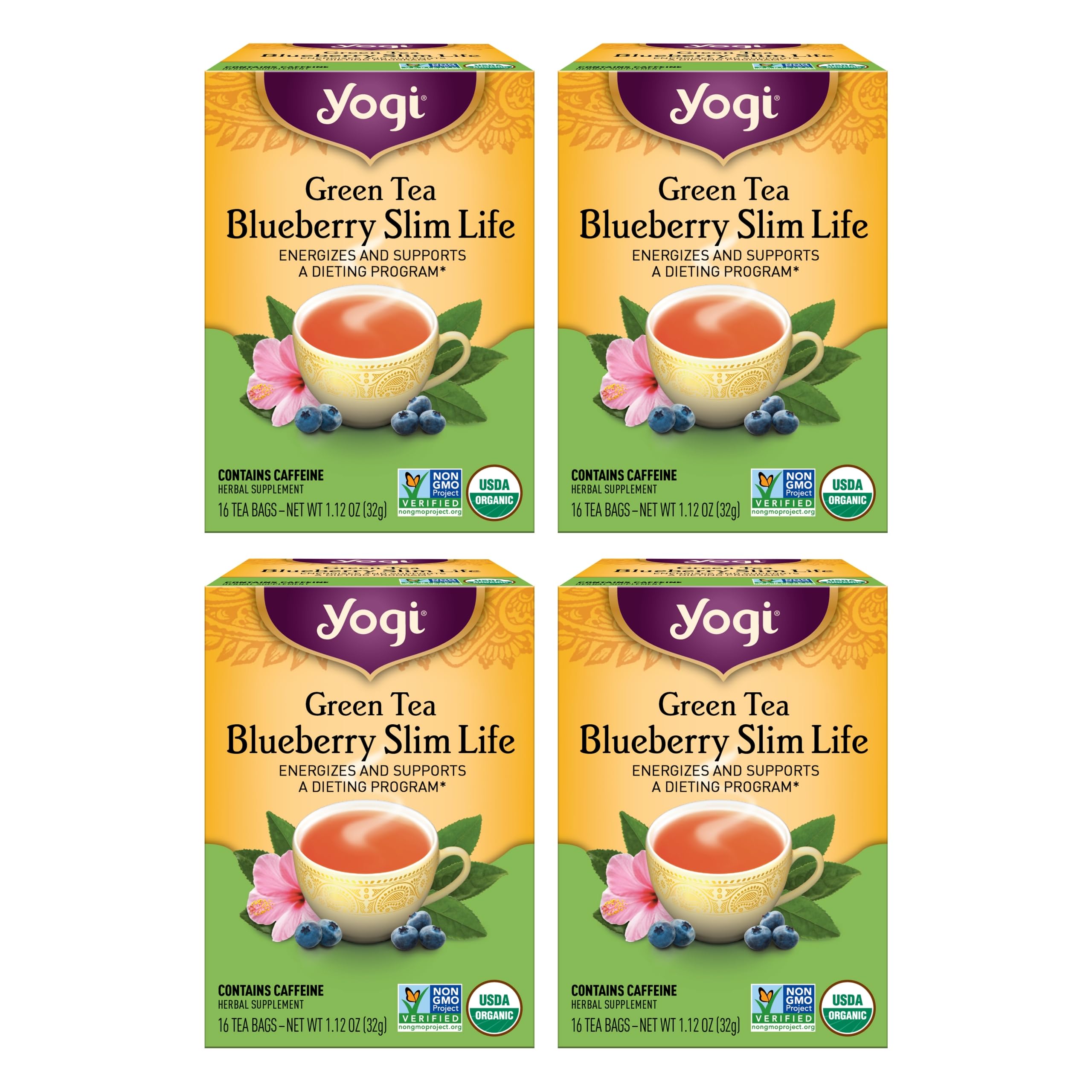 Yogi Green Tea Blueberry Slim Life packaging highlighting organic and non-GMO credentials.