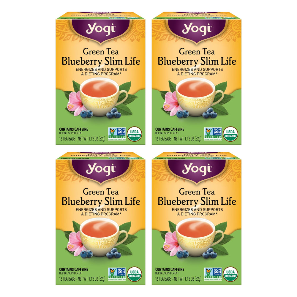 Yogi Green Tea Blueberry Slim Life packaging highlighting organic and non-GMO credentials.