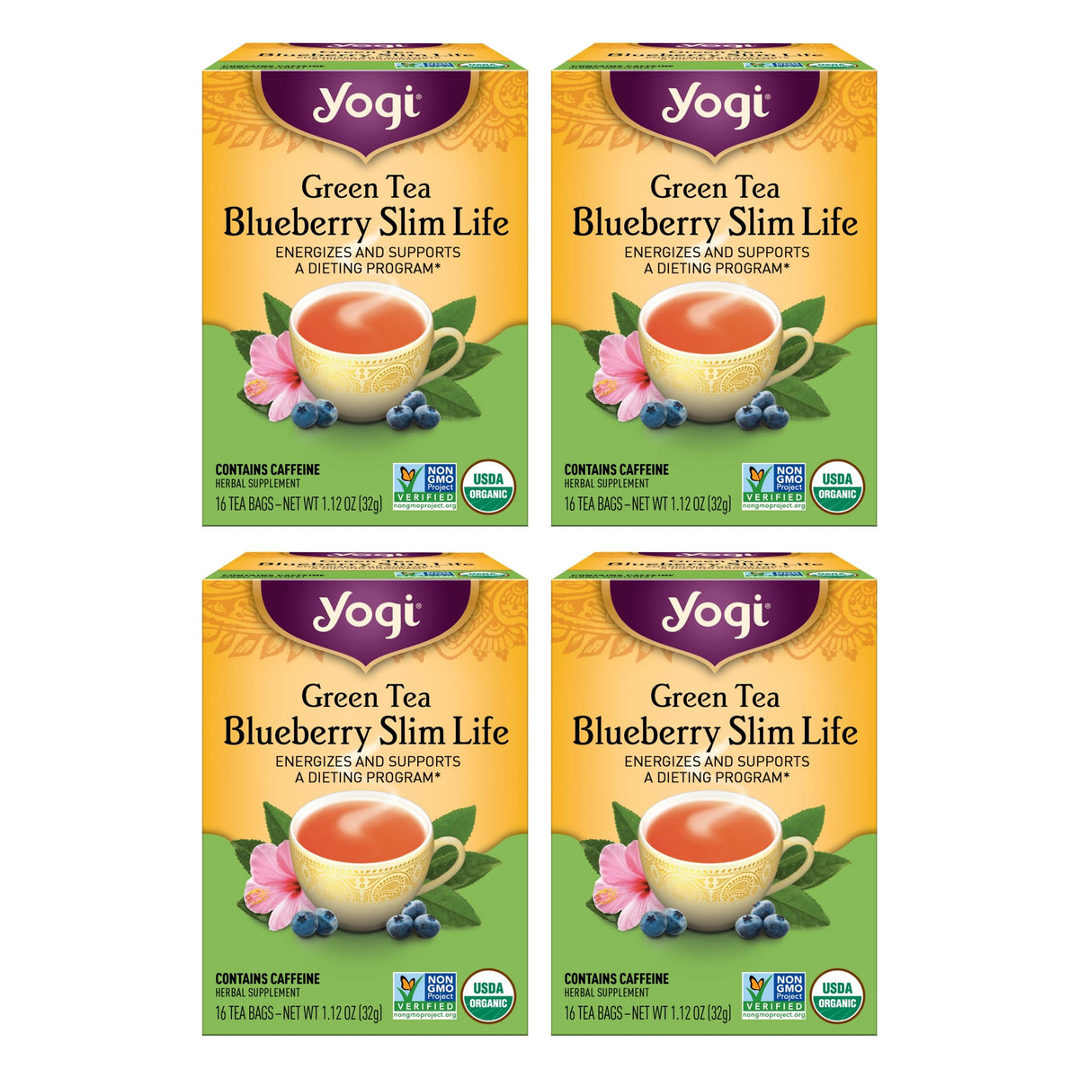 Yogi Green Tea Blueberry Slim Life packaging highlighting organic and non-GMO credentials.