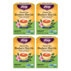 Yogi Green Tea Blueberry Slim Life packaging highlighting organic and non-GMO credentials.