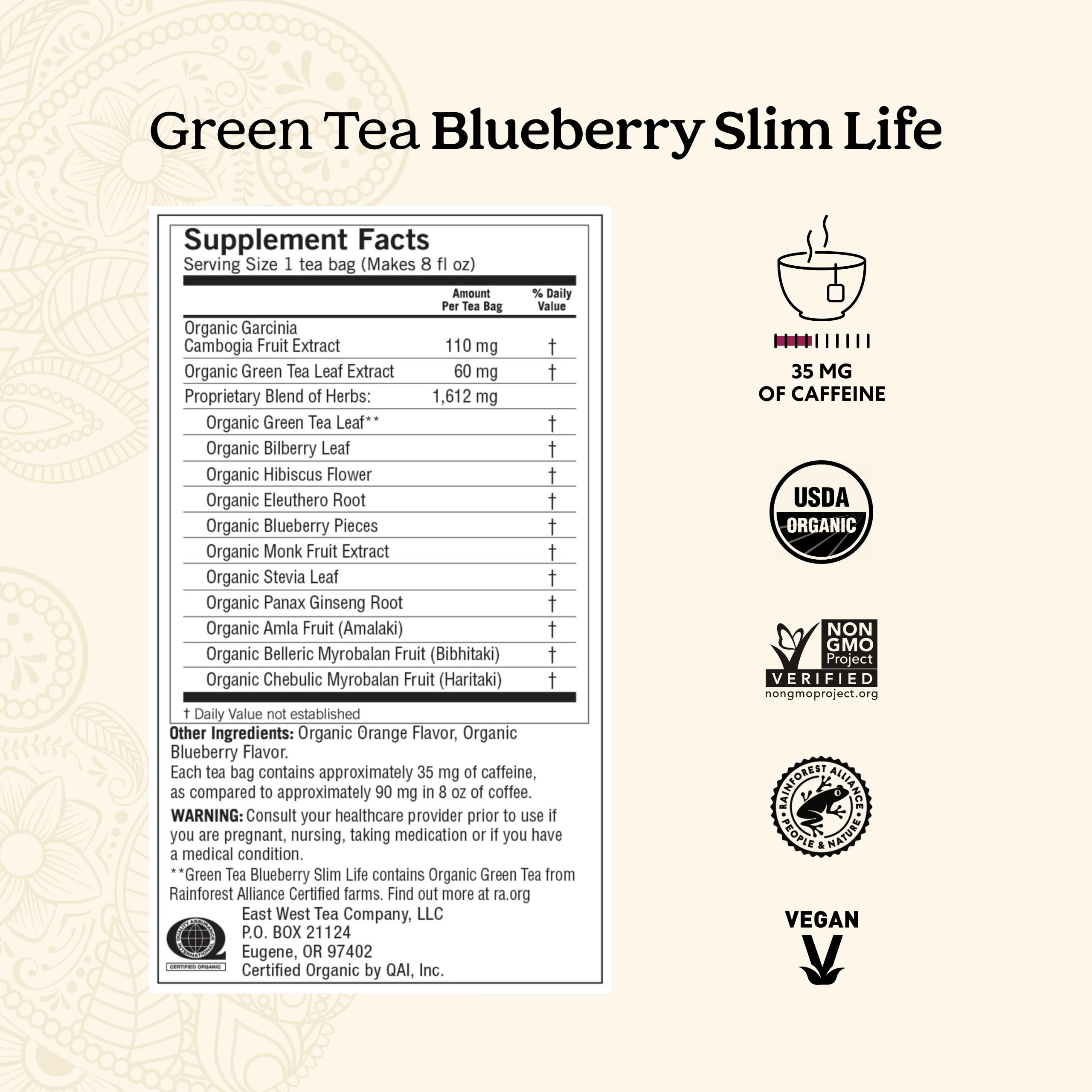Yogi Green Tea Blueberry Slim Life tea bags in compostable packaging support eco-friendly brewing.