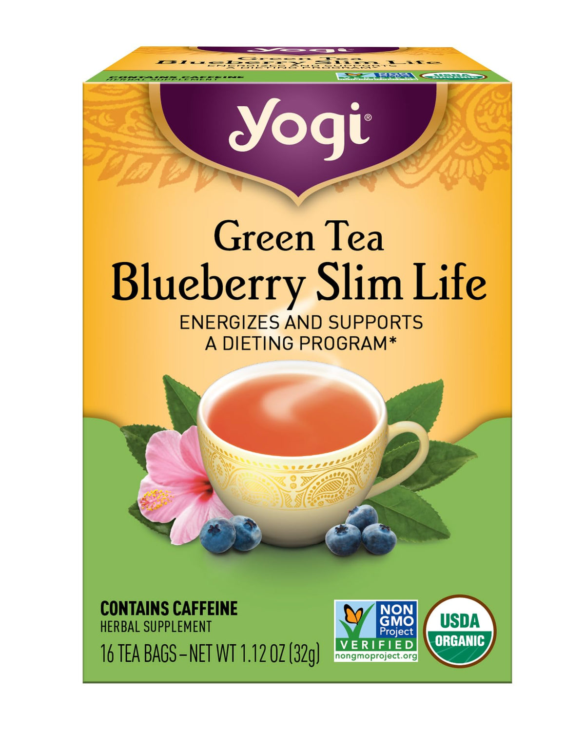 Yogi Green Tea Blueberry Slim Life teabags energize mornings with a refreshing aroma.